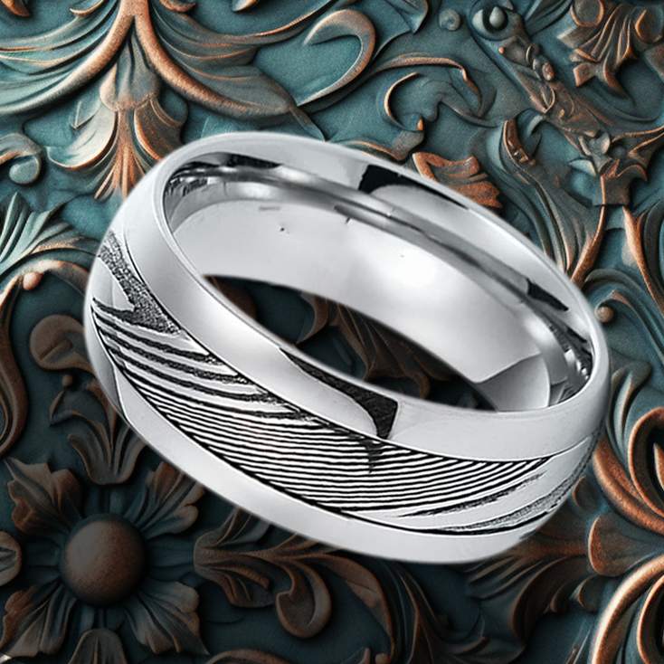 8mm Polished Domed Steel Damascus Ring