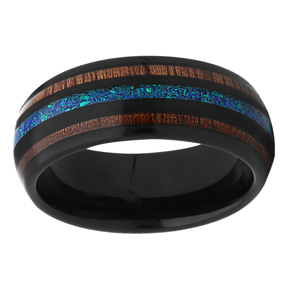 8mm Dome Tri Wood Inlay Black Tungsten Ring