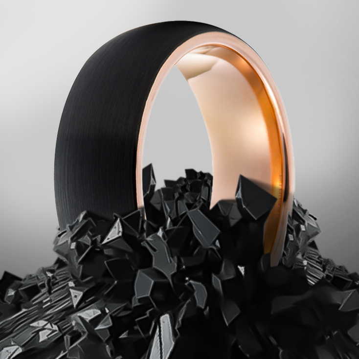 8mm Domed Black Brushed with Rose Gold Plated Inlay Tungsten Ring