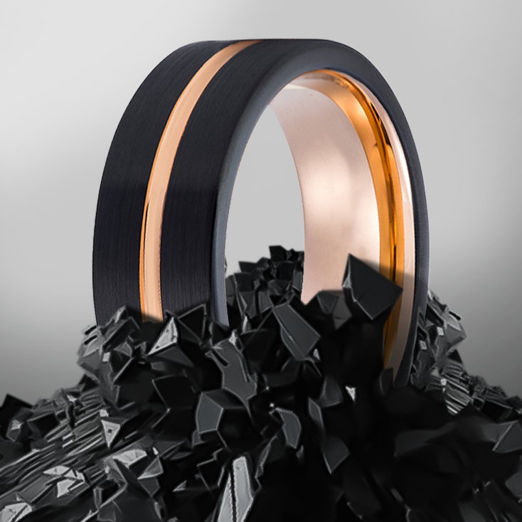 8mm Black Rounded Edge with Single Rose Inlay Tungsten Ring