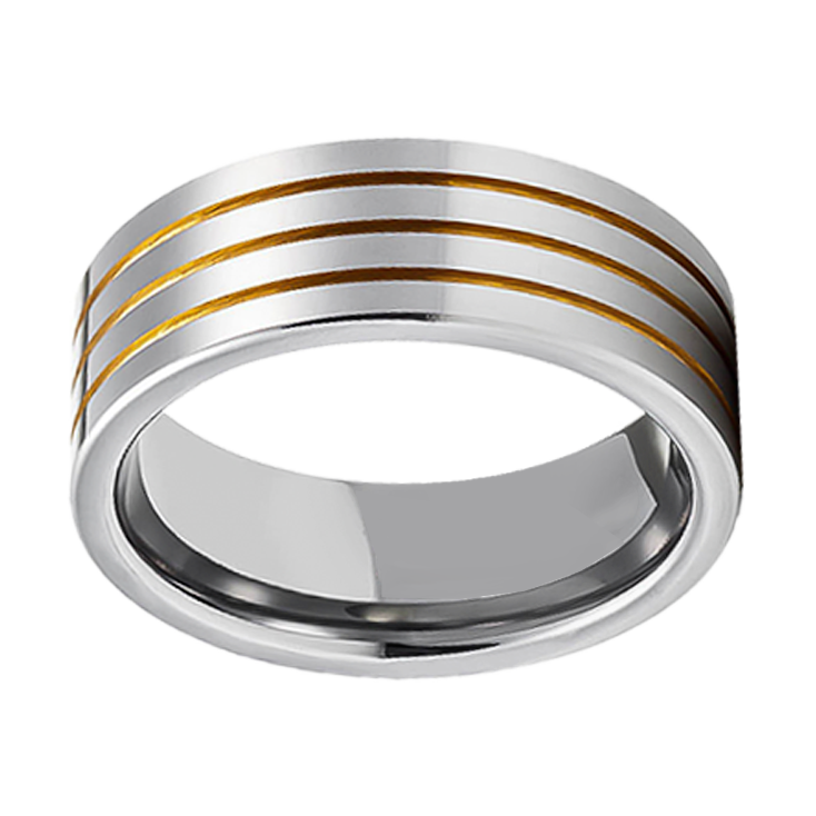 8mm Polished Tri Yellow Gold Plated Grooves Tungsten Ring
