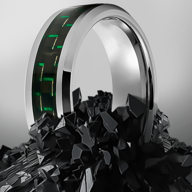 8mm Silver with green Carbon Inlay Tungsten Ring