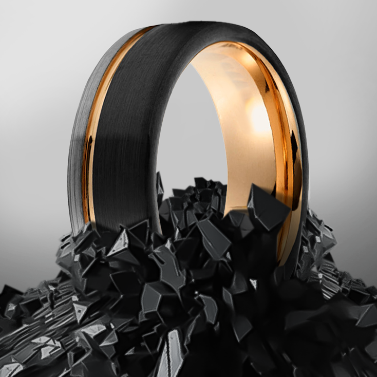 8mm Black Grey Brushed With Rose Gold plating Inlay and Groove Tungsten Ring