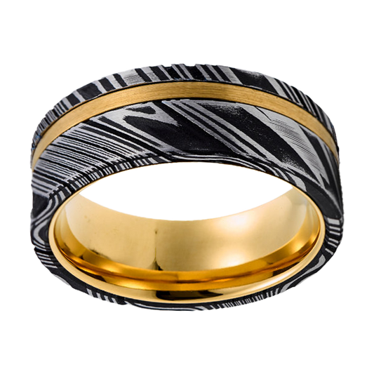 8mm Detailed with Yellow Gold Inlay Damascus Ring