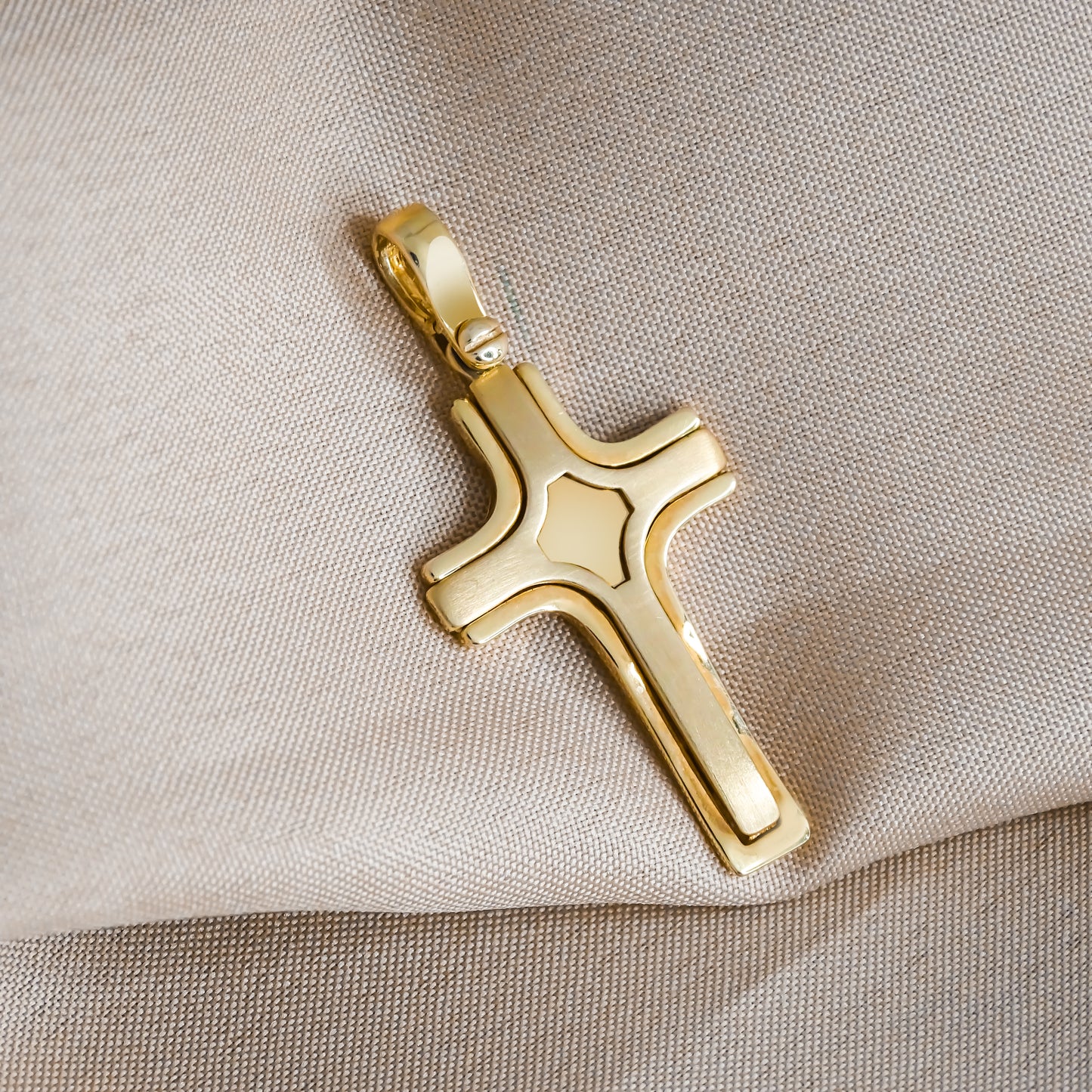 3.5cm Polished and Brushed Designed Cross Pendant in 9ct Yellow Gold