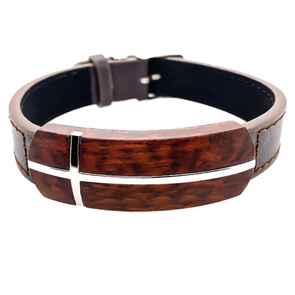 22 CM Stainless Steel Cross Leopard Wood Leather Bracelet