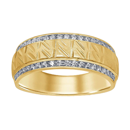 Sunsonite 8mm Band with Diamond Gents 9ct Yellow Gold Wedding Band.   Gemstone: 0.50ct Diamonds Colour: G-H Clarity: Si Metal: 375 - 9ct Yellow Gold