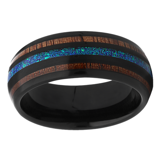 8mm Dome Tri Wood Inlay Black Tungsten Ring