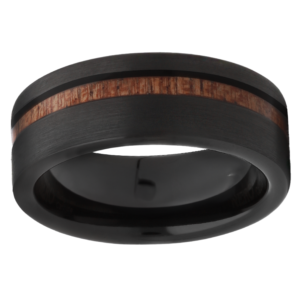 8mm Off Center Wood Inlay Black Tungsten Ring