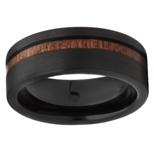 8mm Off Center Wood Inlay Black Tungsten Ring