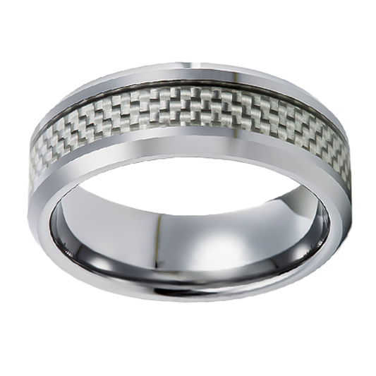 8mm Silver with Off White Carbon Inlay Tungsten Ring