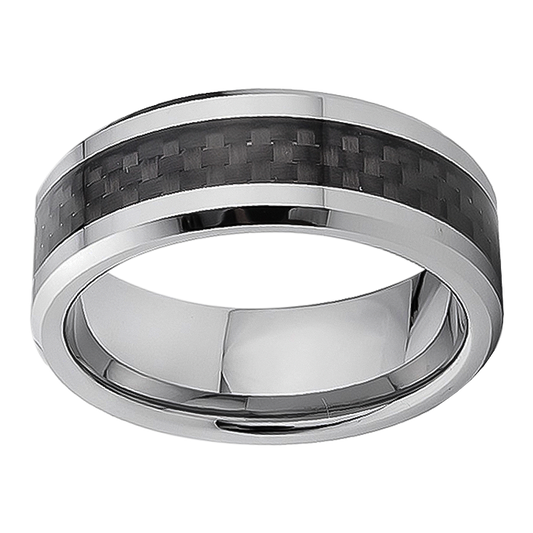 8mm Silver with Black Carbon Inlay Tungsten Ring