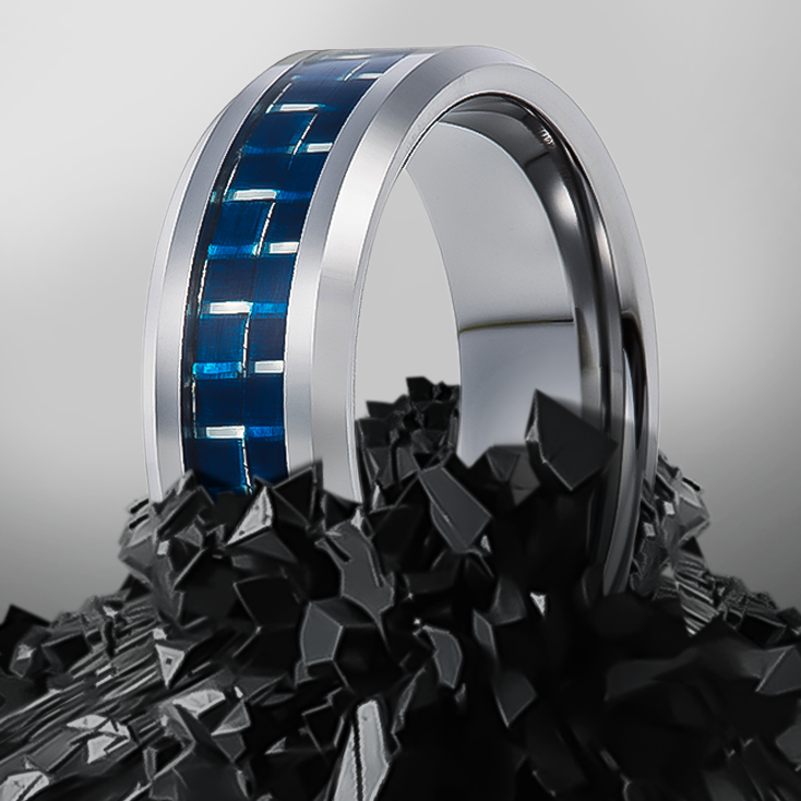 8mm Silver with Dark Blue Carbon Inlay Tungsten Ring