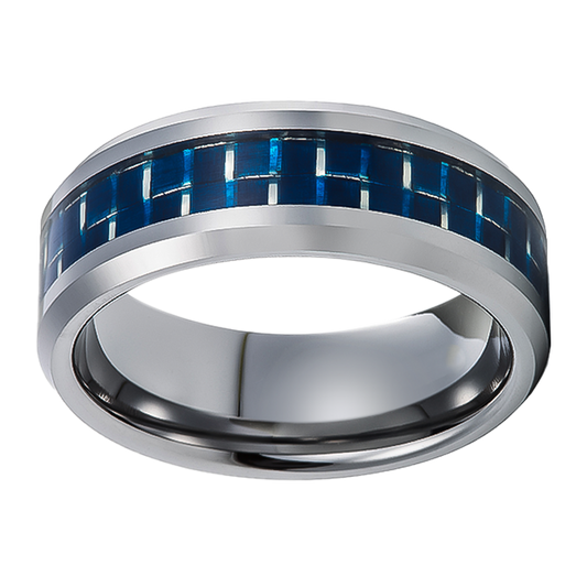 8mm Silver with Dark Blue Carbon Inlay Tungsten Ring