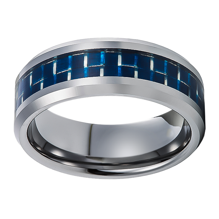 8mm Silver with Dark Blue Carbon Inlay Tungsten Ring