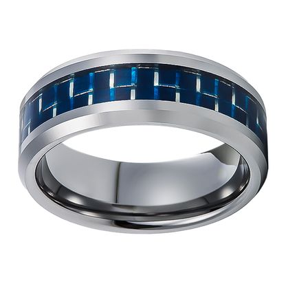 8mm Silver with Dark Blue Carbon Inlay Tungsten Ring