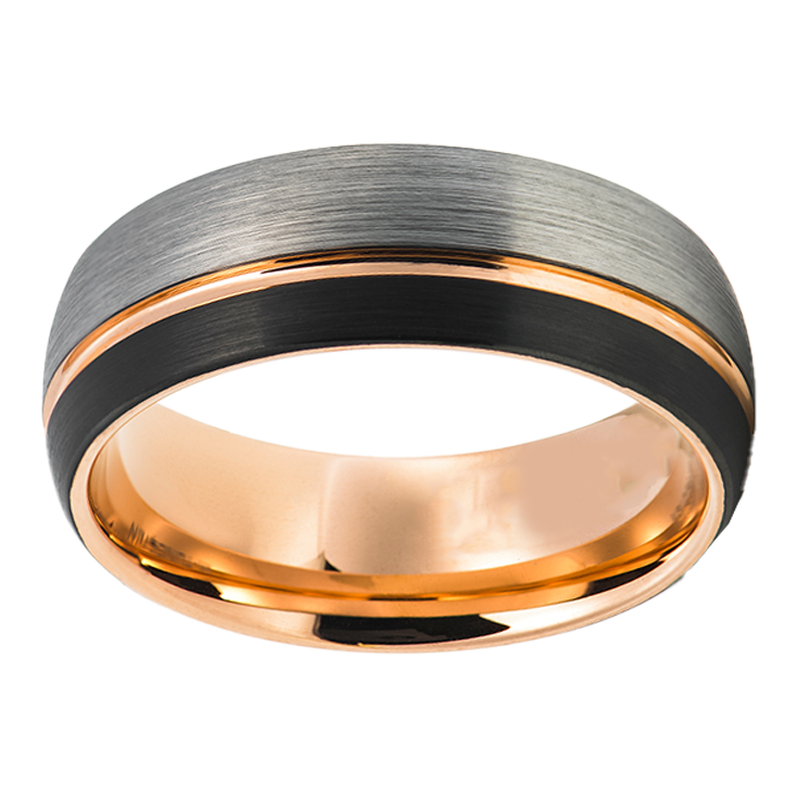 8mm Tri-Colour with Rose Gold Inlay Polished Tungsten Ring