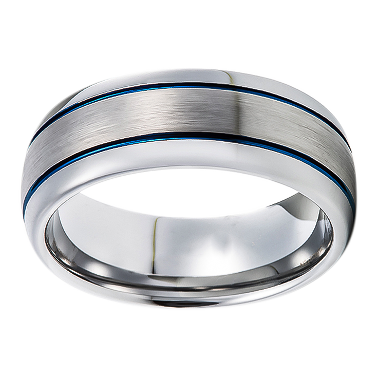 8mm Domed with double blue inlay Tungsten Ring
