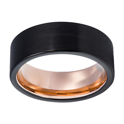 8mm Black Brushed with Rose Gold Plated Inlay Tungsten Ring