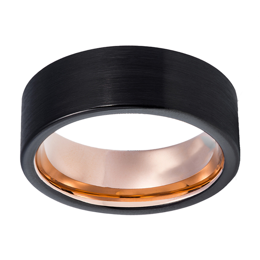 8mm Black Brushed with Rose Gold Plated Inlay Tungsten Ring