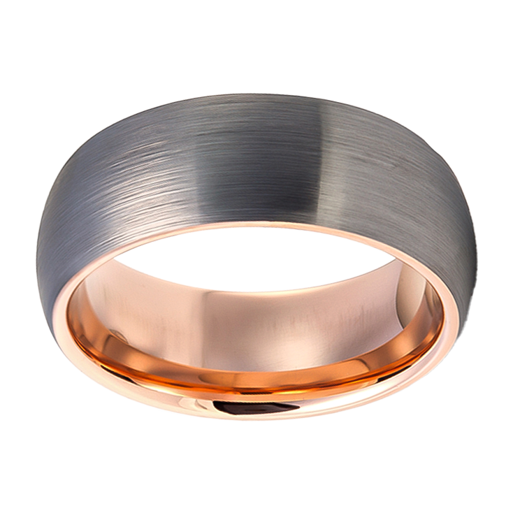 8mm Domed Brushed with Rose Gold Plated Inlay Tungsten Ring