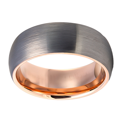 8mm Domed Brushed with Rose Gold Plated Inlay Tungsten Ring