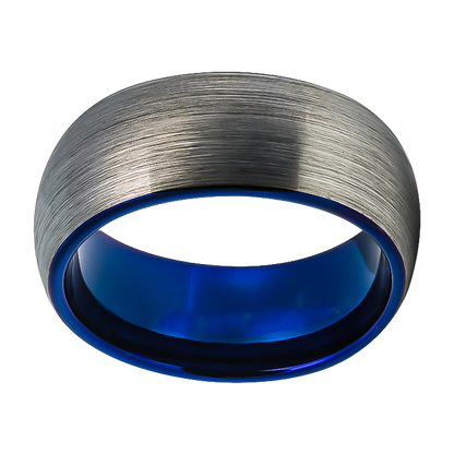 8mm Domed Brushed with Blue Inlay Tungsten Ring