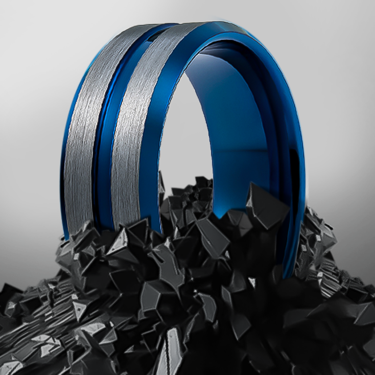8mm Blue Beveled Edge and Inlay with Brushed Tungsten Ring