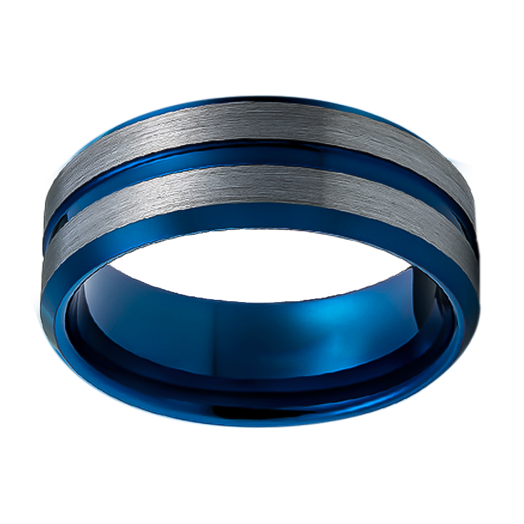 8mm Blue Beveled Edge and Inlay with Brushed Tungsten Ring