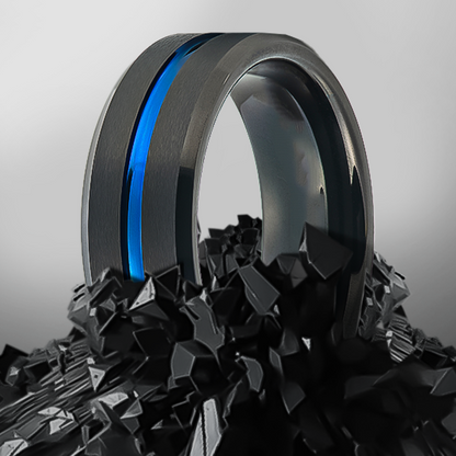 8mm Black Beveled Edge with Single Blue Inlay Tungsten Ring