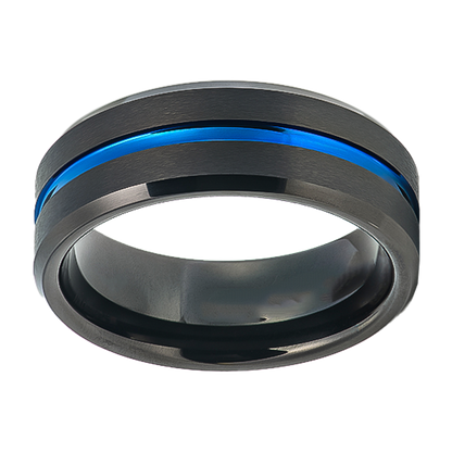 8mm Black Beveled Edge with Single Blue Inlay Tungsten Ring