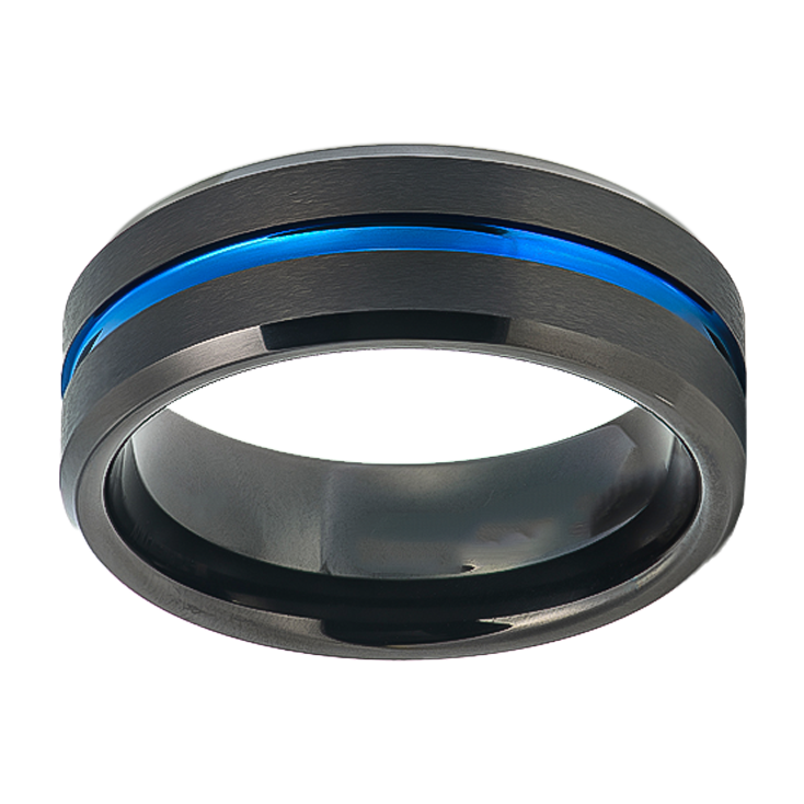 8mm Black Beveled Edge with Single Blue Inlay Tungsten Ring