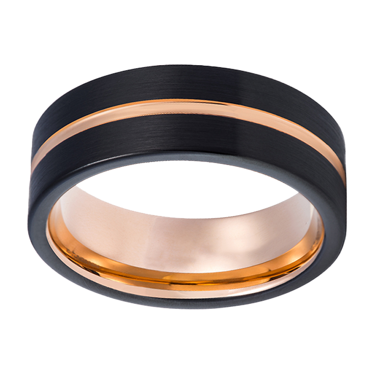 8mm Black Rounded Edge with Single Rose Inlay Tungsten Ring
