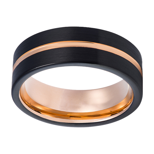 8mm Black Rounded Edge with Single Rose Inlay Tungsten Ring
