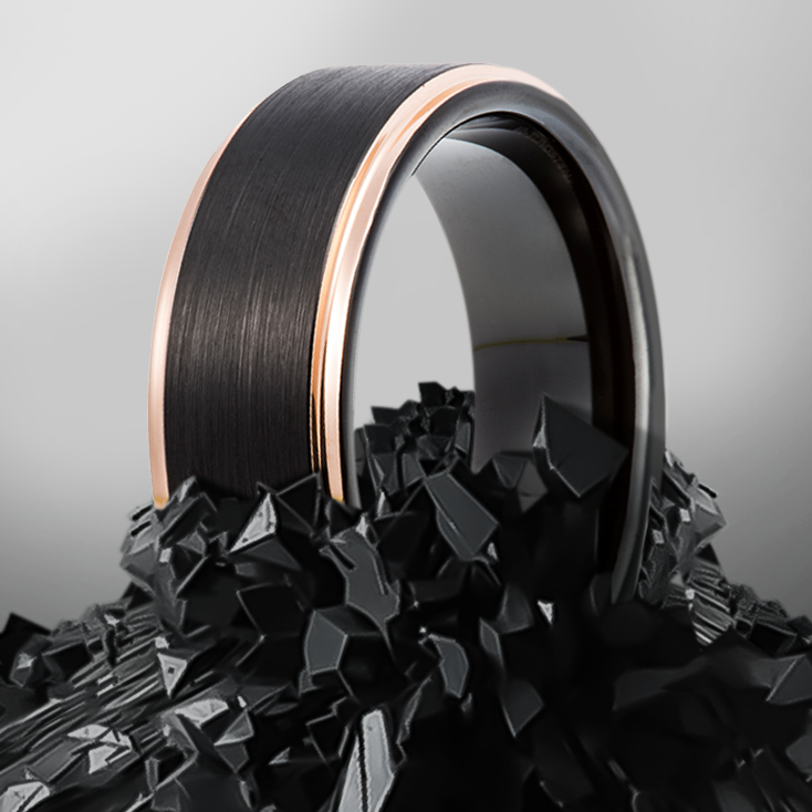 8mm Rose Gold Beveled Edge Black Tungsten Ring