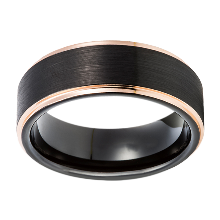 8mm Rose Gold Beveled Edge Black Tungsten Ring