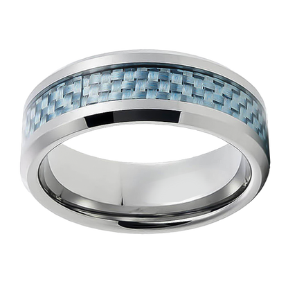 8mm Silver with Sky Blue Carbon Inlay Tungsten Ring
