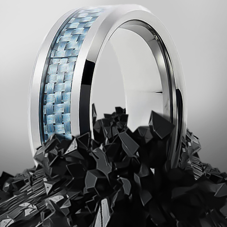8mm Silver with Sky Blue Carbon Inlay Tungsten Ring