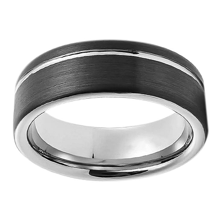 8mm Brushed Black Single Line Groove Tungsten Ring