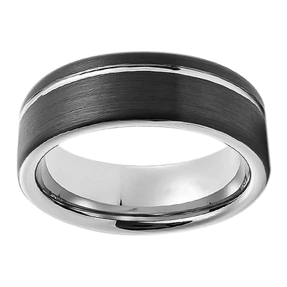 8mm Brushed Black Single Line Groove Tungsten Ring