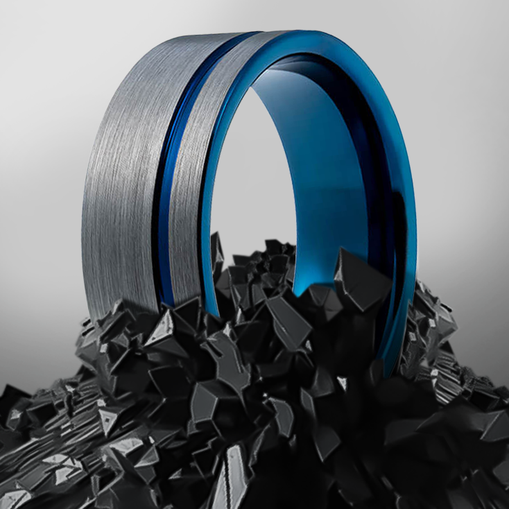 8mm Brushed With Blue Inlay and Groove Tungsten Ring