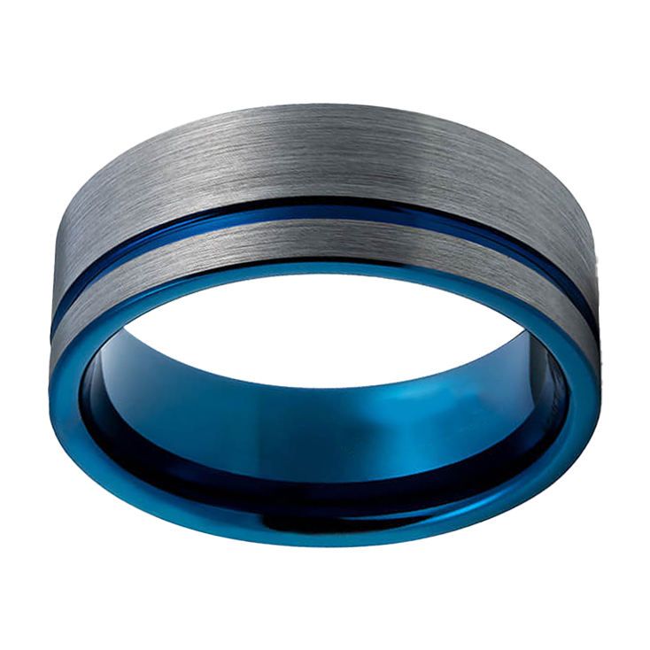 8mm Brushed With Blue Inlay and Groove Tungsten Ring