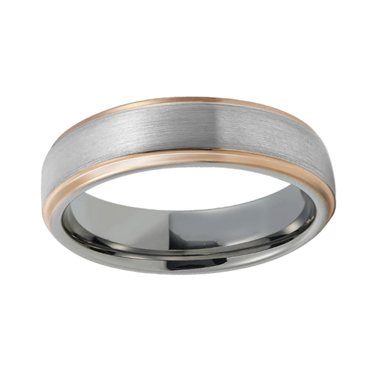 Tungsten Rings for Men - Unveiling Masculine Elegance: Discover the perfect blushed style with rose gold edge plating and durability with our tungsten rings. Ideal for gents seeking sophistication in both wedding bands and fashion statements.  Metal: 74 - Tungsten    Pros: Durable, Affordable Elegance, Hypoallergenic, Versatile Styles. Cons: Brittleness, Non-Resizable.  Does come in half sizes as well. Please contact us if you do need it in half size at sales@sunsonite.com  