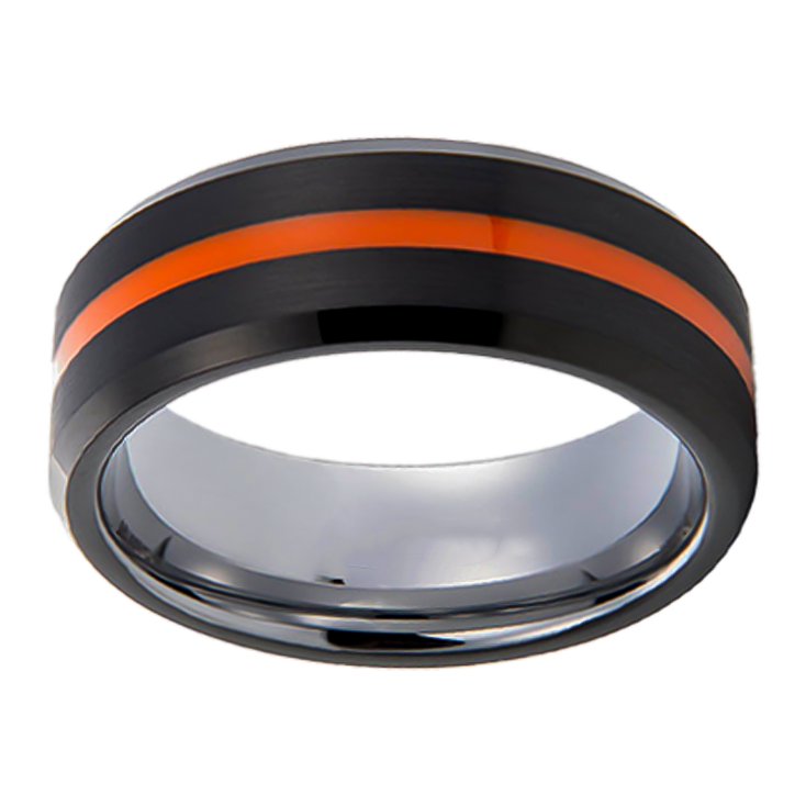 8mm Beveled Brushed Black Tungsten with Orange Enamel Inlay Tungsten Ring
