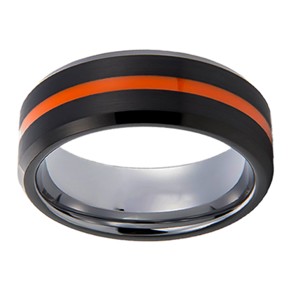 8mm Beveled Brushed Black Tungsten with Orange Enamel Inlay Tungsten Ring