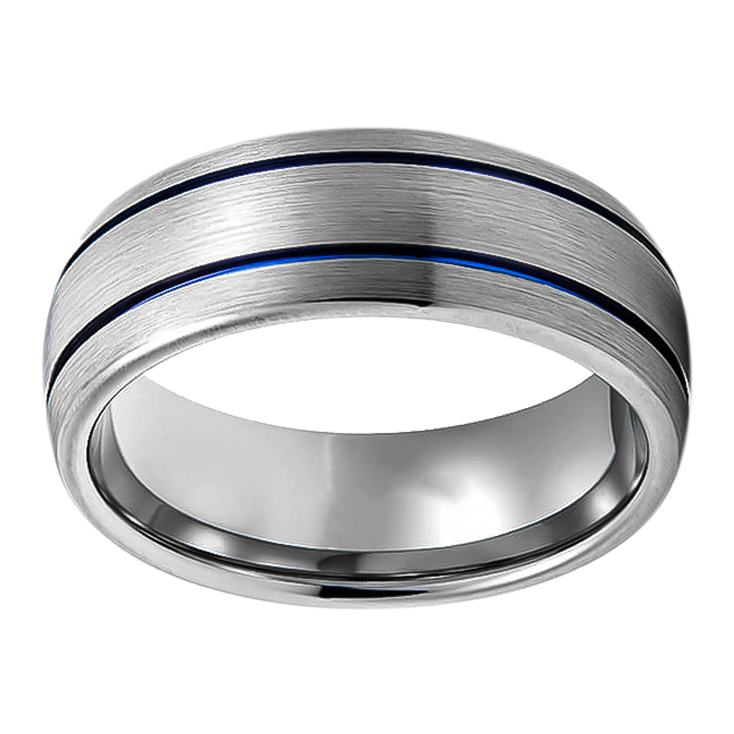 8mm Domed Brushed with two Blue Groove Tungsten Ring