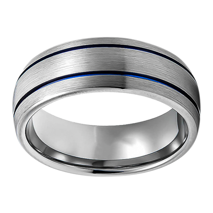 8mm Domed Brushed with two Blue Groove Tungsten Ring