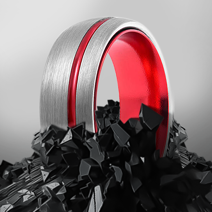 8mm Domed Brushed with Red Polished Inlay Tungsten Ring
