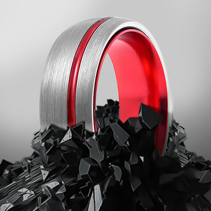 8mm Domed Brushed with Red Polished Inlay Tungsten Ring