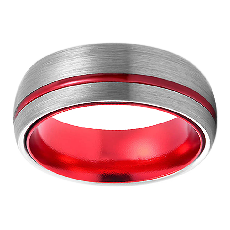 8mm Domed Brushed with Red Polished Inlay Tungsten Ring